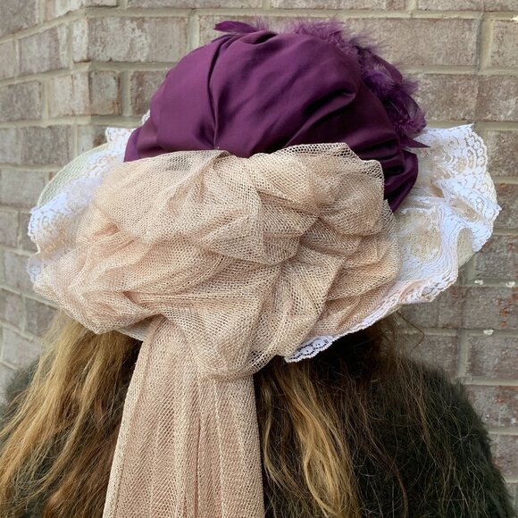 Victorian Edwardian Feather Floral Touring Riding Hat with Long Train - Picture 8 of 12